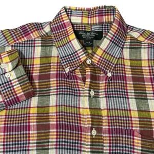 Brooks‎ Brothers Mens XL Slim Fit Plaid Shirt 100% Irish Linen Made in USA